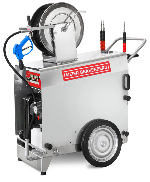 The mobile professional high-pressure cleaner excels due to its top-quality components such as the stainless steel cover, the aluminium chassis and the slow -speed industrial plunger pump.