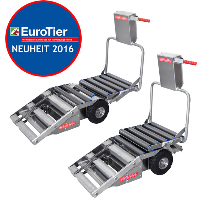 The new carcass trolley Porky's Pick Up XL will be presented for the first time at EuroTier 2016 in Hannover. The unique feature of this Pick Up is the modified Layout, to transport sows up to 300 Kg. For this requirement the user can expand the device during loading, to collect also heavy and large sows completely with this cart.