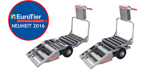 The new product Porky's Pick Up XL will be presented for the first time at EuroTier 2016 in Hannover. The unique feature of this Pick Up is the modified Layout, to transport sows up to 300 Kg. For this requirement the user can expand the device during loading, to collect also heavy and large sows completely with this cart.