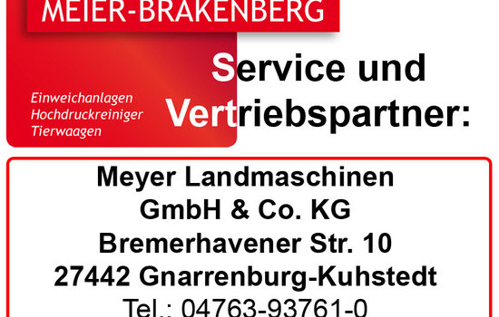 Der Vertriebspartner Meyer Landmaschinen bietet erstklassigen Service und Vertrieb für die Profi-Hochdruckreiniger von Meier-Brakenberg, sowie der Einzeltierwaage für die Kontrollverwiegung von Mastschweinen.