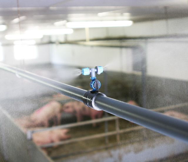 La línea de boquillas de refrigeración sobre el pasillo del compartimento refrigera el flujo de aire de entrada para la ventilación del pasillo. La boquilla de refrigeración doble que se usa en este caso también se emplea en la instalación para parideras.