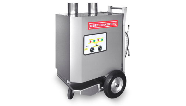 The mobile hot water boiler MBHot is the ideal supplement for the professional high-pressure cleaner when washing with hot water is requested. The 160 kW burner with stainless steel heating coil of the MBHot heats water throughputs of 30 l/min up to 80 or 90 °C.