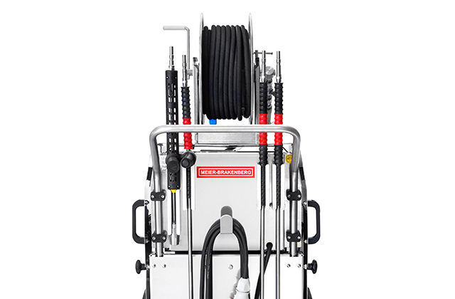 The lance holders on the MBHot hot water high pressure cleaner provide a secure hold for all high pressure lances carried along.
