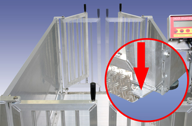 Foot pedal remote operation makes it possible to open the door on the opposite side of the stationary low-floor scales. The operator does not have to move back and forth and pass by the animals to open the front gates.