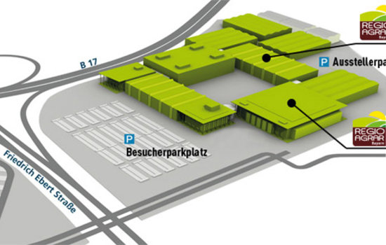 Der Hallenplan der RegioAgrar Bayern in Augsburg bietet Besuchern einen Überblick über das Messegelände und Anfahrtswege zum Stand von FarmWorker, dem Exklusivpartner für Hochdrucktechnik von Meier-Brakenberg.