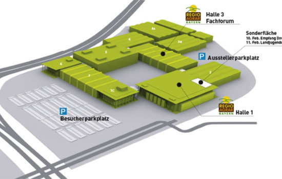 Der Hallenplan der RegioAgrar Bayern in Augsburg bietet Besuchern einen Überblick über das Messegelände und Anfahrtswege.