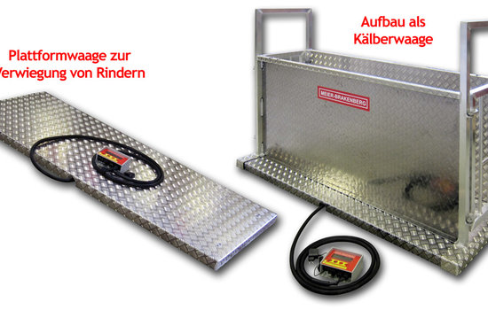 To weigh different sizes of cattle’s, Meier-Brakenberg develops a special design to weigh heavy and large cattle’s, also as calves up to 120 Kg. The platform under the weighing-cage as a single unit is suitable for larges animals, like bulls. If the operator uses all equipment together, he can weigh smaller animal’s safety in the robust weighing frame.