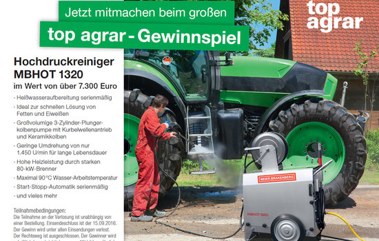 Die Zeitschrift Top Agrar verlost in ihrer Aktion "Sommermessen" den neuen Heißwasser-Hochdruckreiniger MBHot 1320 von Meier-Brakenberg.