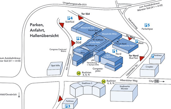 In this picture you can find the hall plan, also as possibilities for parking and the direction to Agrarunternehmertage in Münster. Meier-Brakenberg exhibits there in hall north at stand 3308.