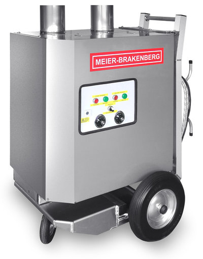 The mobile hot water boiler MBHot is the ideal supplement for the professional high-pressure cleaner when washing with hot water is requested. The 160 kW burner with stainless steel heating coil of the MBHot heats water throughputs of 30 l/min up to 80 or 90 °C.
