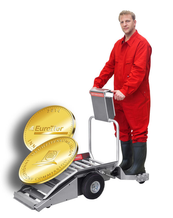 Goldprämiert: Porky's Pick Up mit Footboard Das war der DLG-Neuheitenkommission Gold wert: Porky's Pick Up mit Footboard - zum Mitfahren des Anwenders über den Stallgang - von der Bucht bis zum Kadaverplatz!
